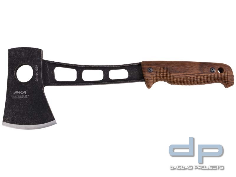 EKA HatchBlade W1 Beil,stonewashed, G10-Griff in Holzoptik, Fangriemenöse, Kydex-Kopfscheide