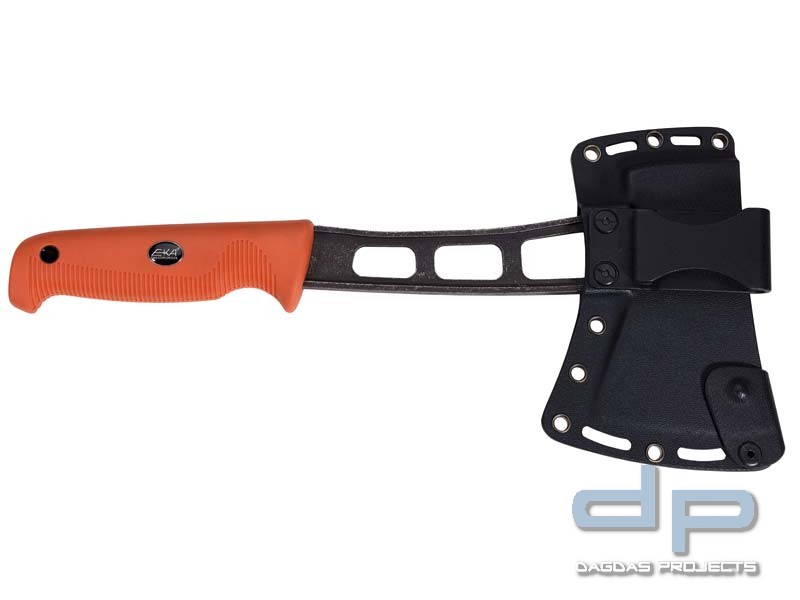 EKA HatchBlad W1 Beil, stonewashed, orangefarbener G10-Griff, Fangriemenöse, Kydex-Kopfscheide