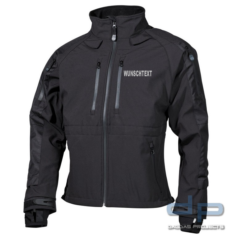 Behörden Soft Shell Jacke, schwarz mit Wunschaufdruck in reflex silber