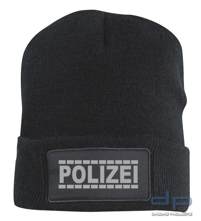 Behörden Strickmütze mit Aufdruck POLIZEI in Reflex Silber