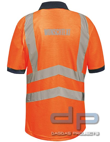 Hi-Vis Pro Polo mit Wunschtext auf Brust und Rücken in Silber Reflex