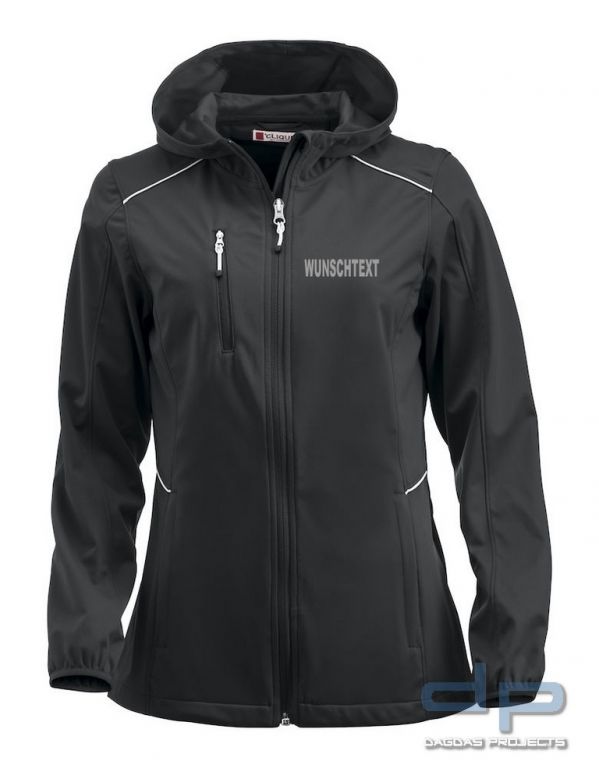 Behörden Damen Softshelljacke Schwarz mit Aufdruck nach Wunsch in Reflex-Silber Größe S oder XL