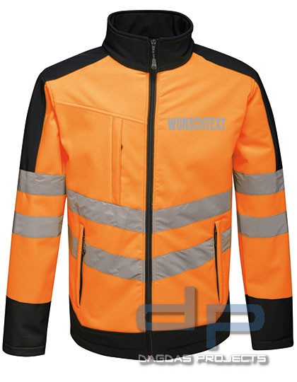 Hi-Vis Pro Softshell Jacket mit Wunschtext auf Brust und Rücken in Silber Reflex