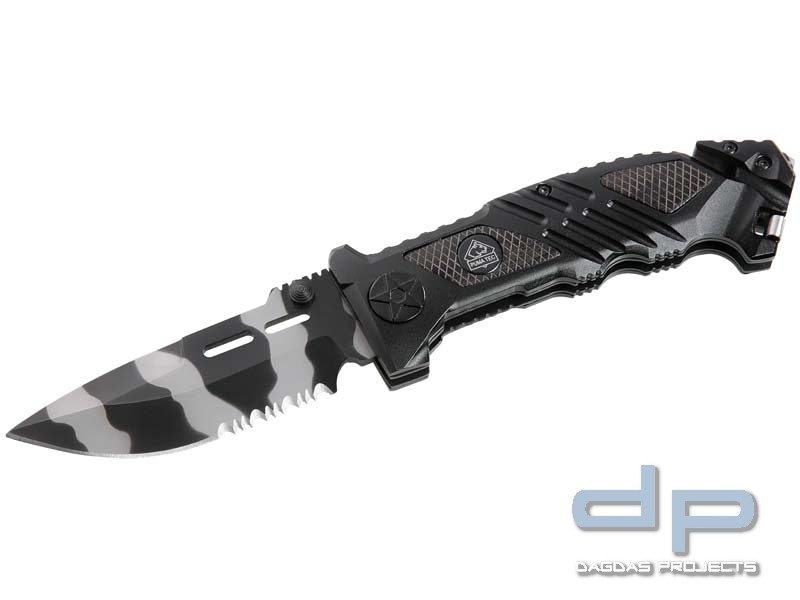 Puma TEC Rettungsmesser, Stahl 420, schwarz-graue Klinge, Liner Lock, Gurtschneider, Schlagdorn, Cli