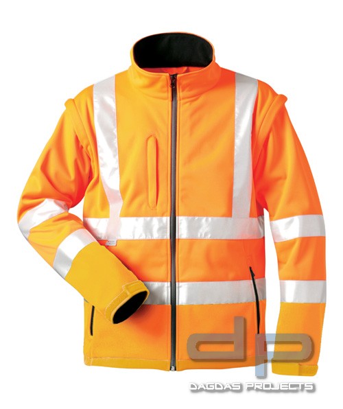 WARNSCHUTZ-SOFTSHELLJACKE in Orange mit Wunschtext auf Brust und Rücken in Reflex Silber