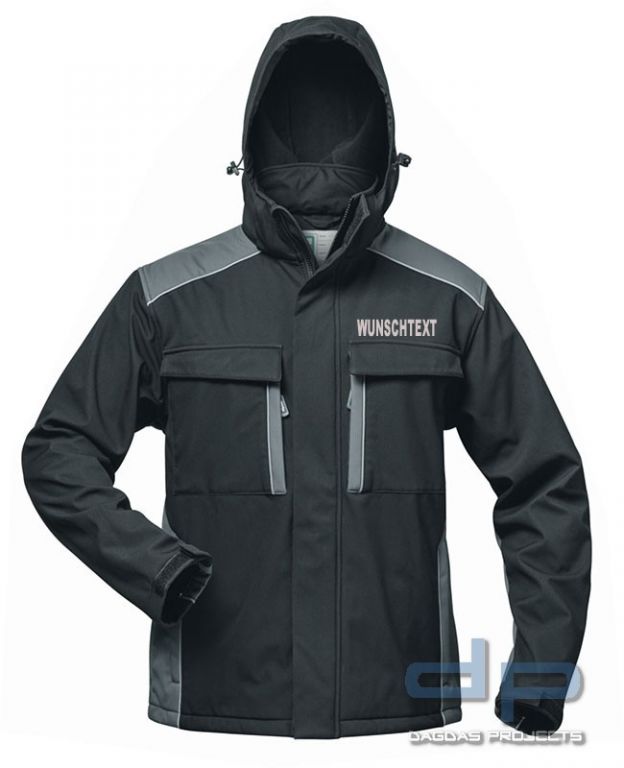 Softshell-Jacke wind- und wasserdicht in Schwarz/Grau mit Aufdruck nach Wunsch in reflex silber