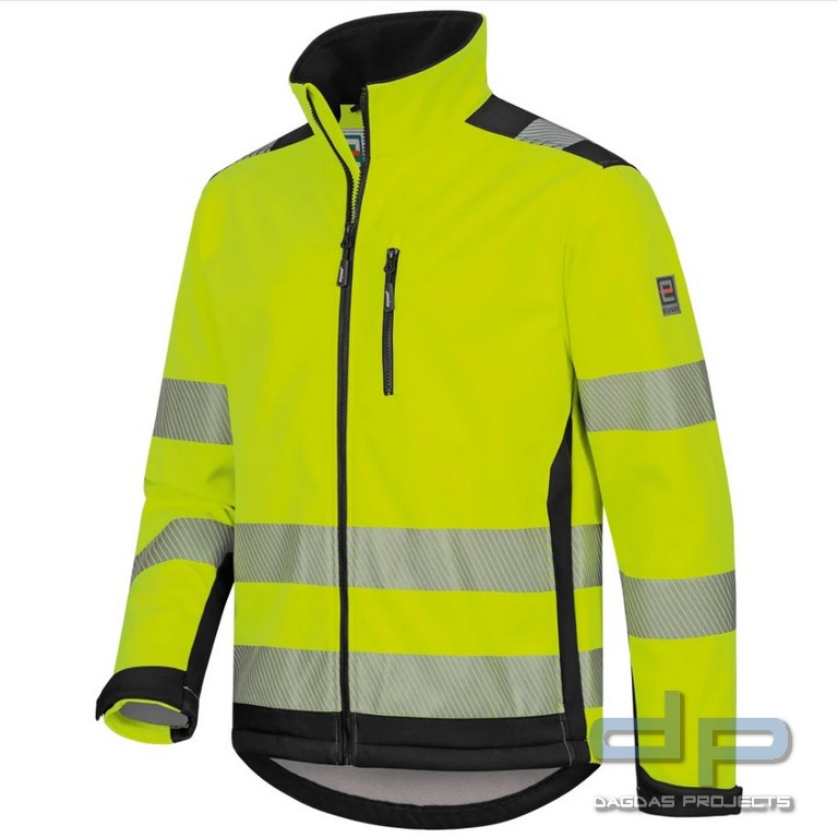 WARNSCHUTZ-SOFTSHELLJACKE in fluoreszierend gelb/schwarz abgesetzt mit Wunschdruck auf Brsut und Rüc
