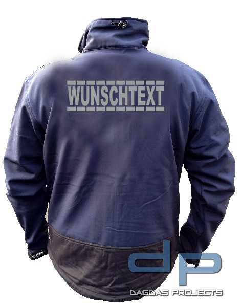 Behörden Softshell Jacke blau/schwarz mit 3 Fach Sonderdruck gestrichelte Umrandung und Wunschtext