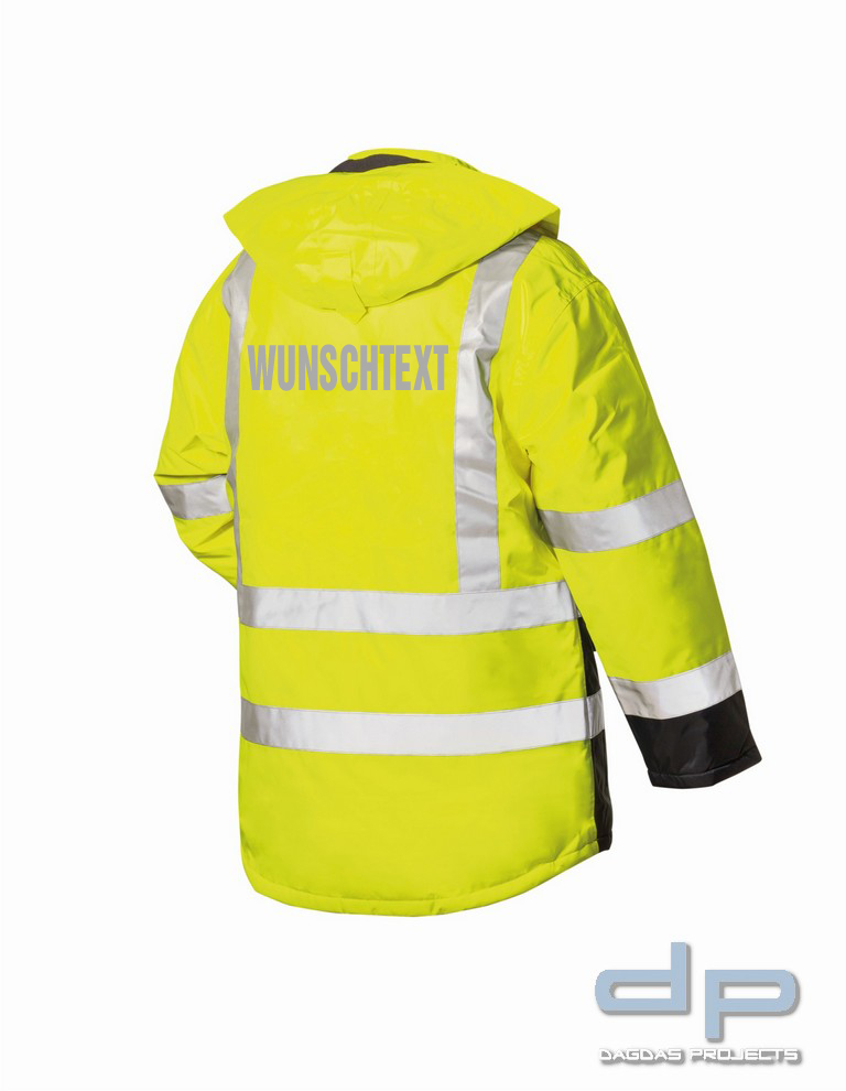 Warnschutz Parka mit Wunschbeschriftung in Orange und Marine abgesetzt