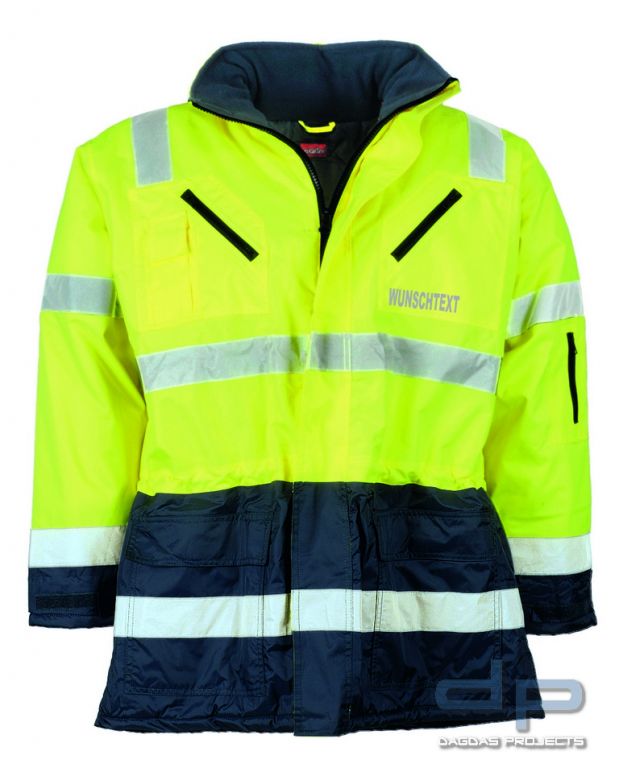 Warnschutzparka nach EN 20471 und EN 343 neongelb/marine mit Wunschaufdruck