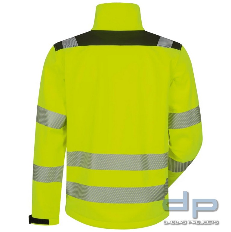 WARNSCHUTZ-SOFTSHELLJACKE in fluoreszierend gelb/schwarz abgesetzt mit Wunschdruck auf Brsut und Rüc
