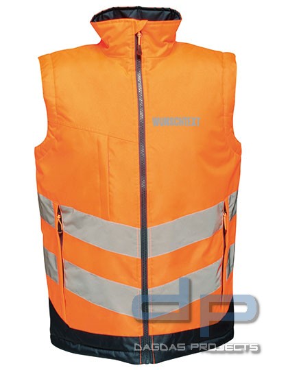 Hi-Vis Pro Bodywarmer mit Wunschtext auf Brust und Rücken in Silber Reflex