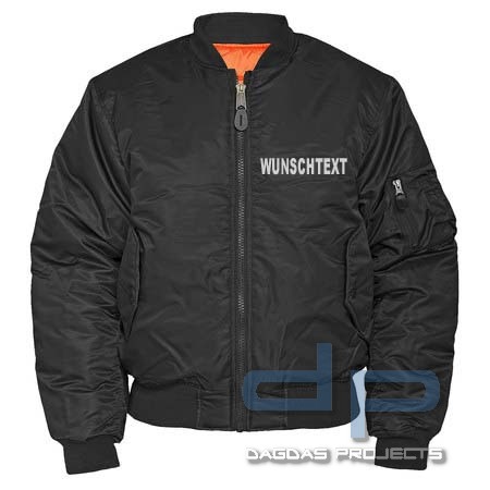 Jacke MA1 schwarz mit Wunschaufdruck in Reflex Silber Größe: 3XL und 5XL