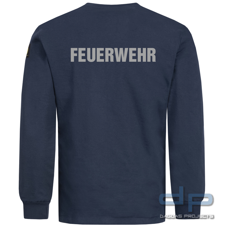 Brunnirok Schnittschutz-Langarmshirt Magdeburg Navy-Blue mit Wunschaufdruck in reflex silber