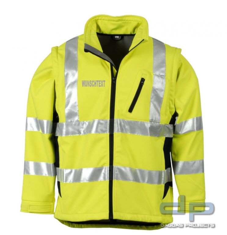 Softshell-Warnschutzjacke nach EN 20471 neongelb/marine mit Wunschaufdruck