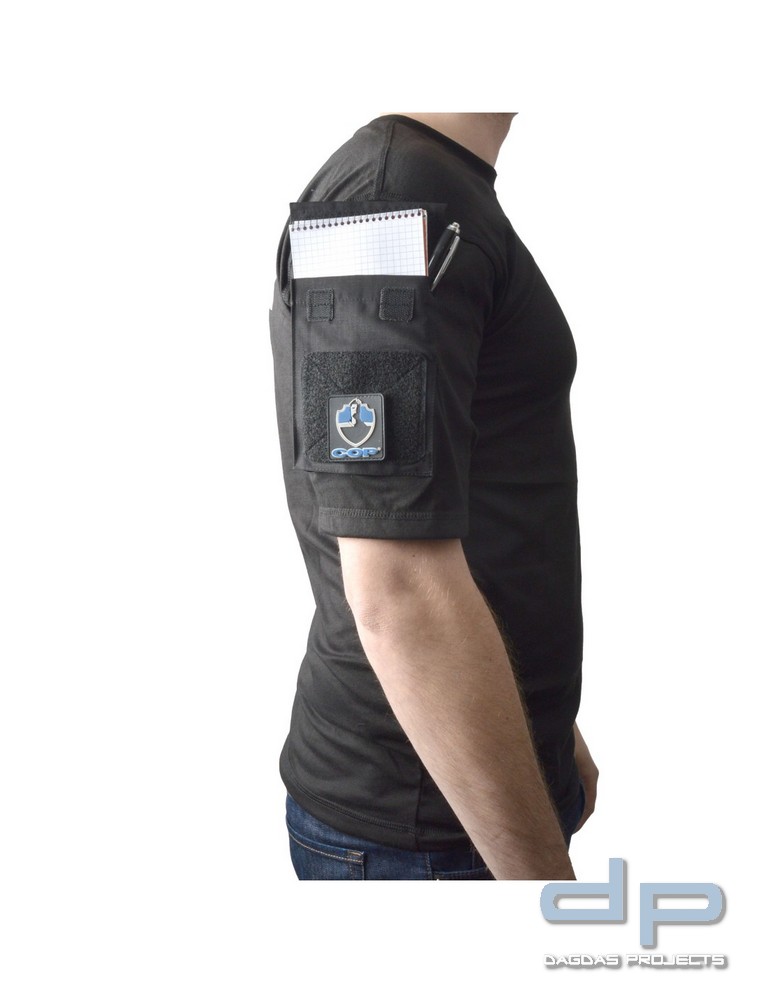 T-Shirt mit Druck POLIZEI, weiße Schrift, Ärmeltaschen mit Klett für Abzeichen