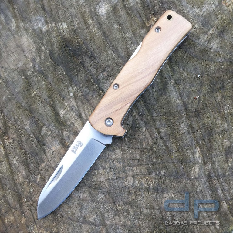 Taschenmesser mit schön gemaserten Heftschalen aus Olivenholz