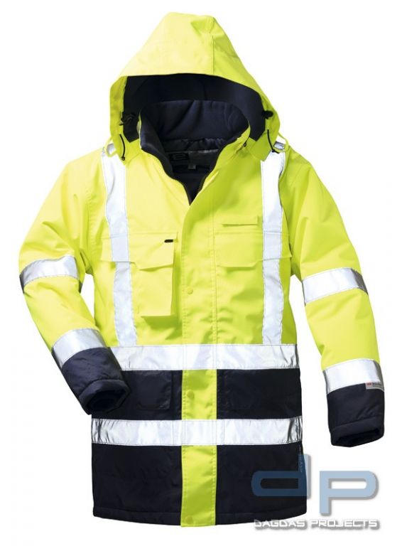 Warnschutz Parka mit Wunschbeschriftung in Gelb und Marine abgesetzt