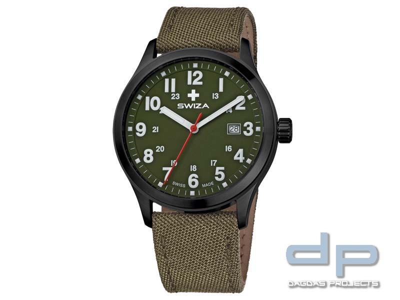Swiza Uhr Kretos Gent, Schweizer Qualitäts-Quarzlaufwerk,24h-Anzeige, Stoffarmband, oliv