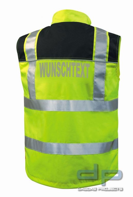 Behörden Warnschutzweste in Gelb/Schwarz oder Orange/Schwarz mit Wunschaufdruck in Reflex Silber